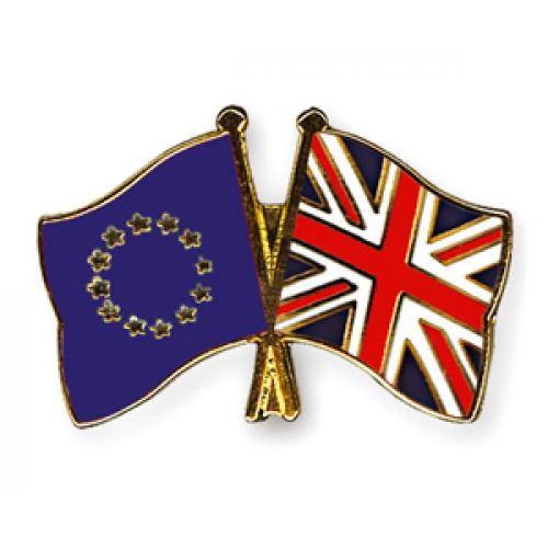 Odznak (pins) 22mm vlajka EÚ + Veľká Británia - farebný