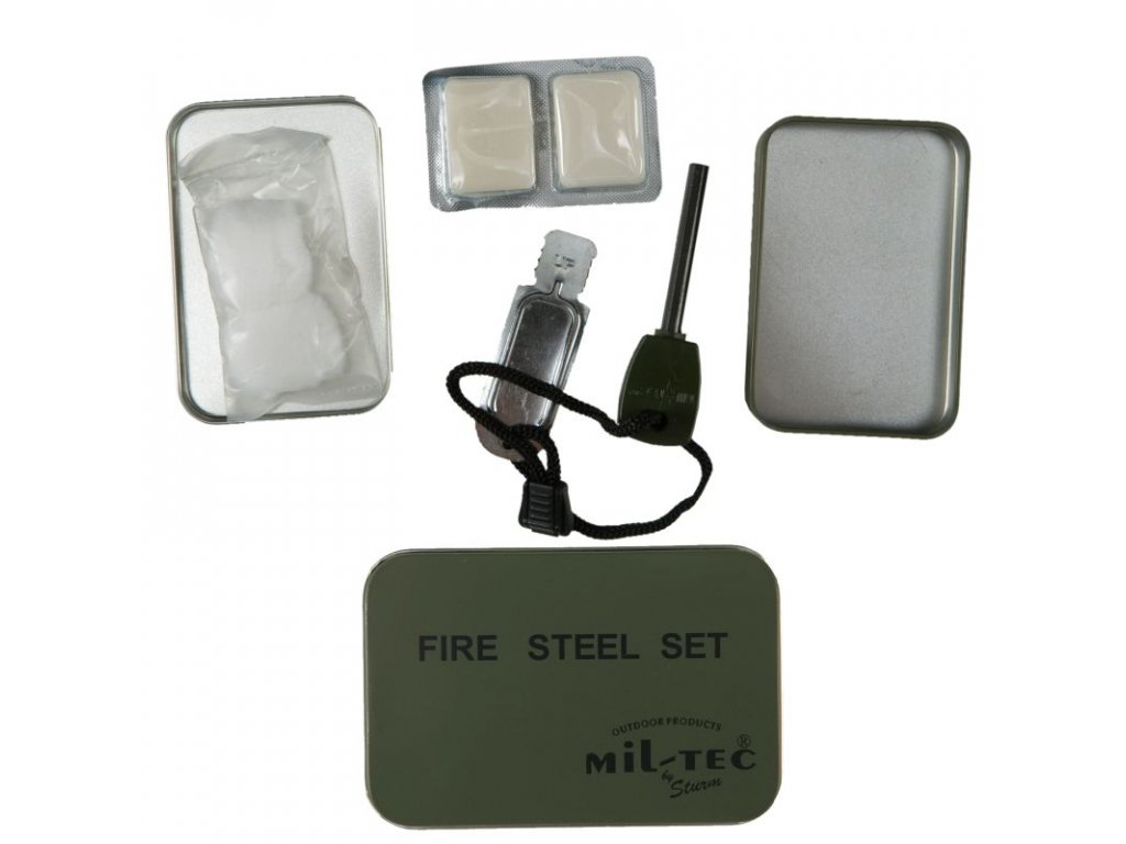 Podpalovací set Fire Steel v plechové krabičce - olivový