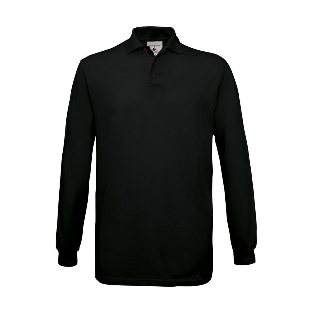 Pánské polo tričko B&C Safran s dlouhým rukávem - černé, XXL