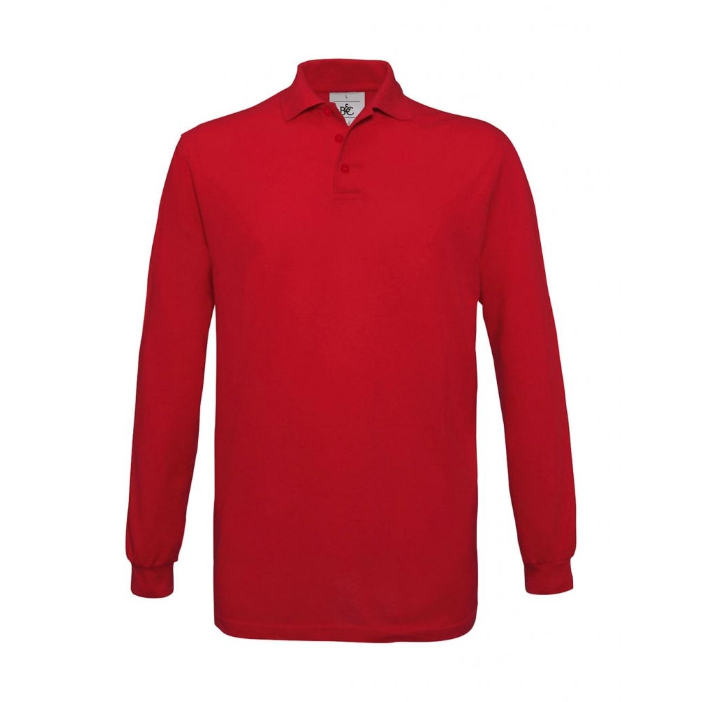 Pánské polo tričko B&C Safran s dlouhým rukávem - červené, XL