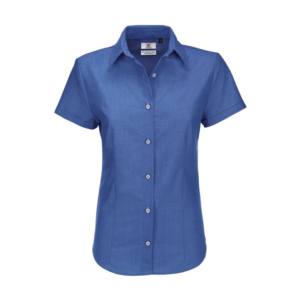 Košile dámská B&C Oxford s krátkým rukávem - modrá, XS