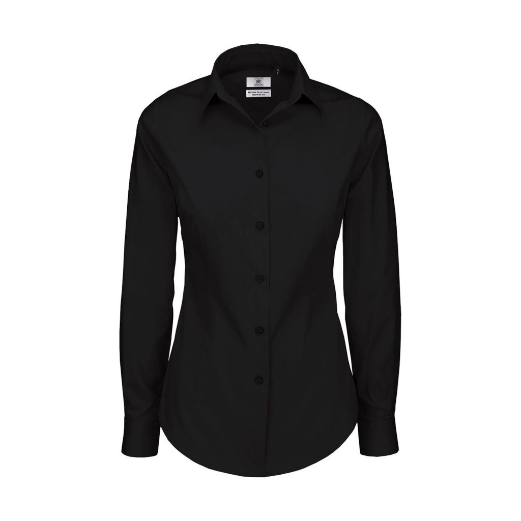 Košile dámská B&C Elastane s dlouhým rukávem - černá, 4XL