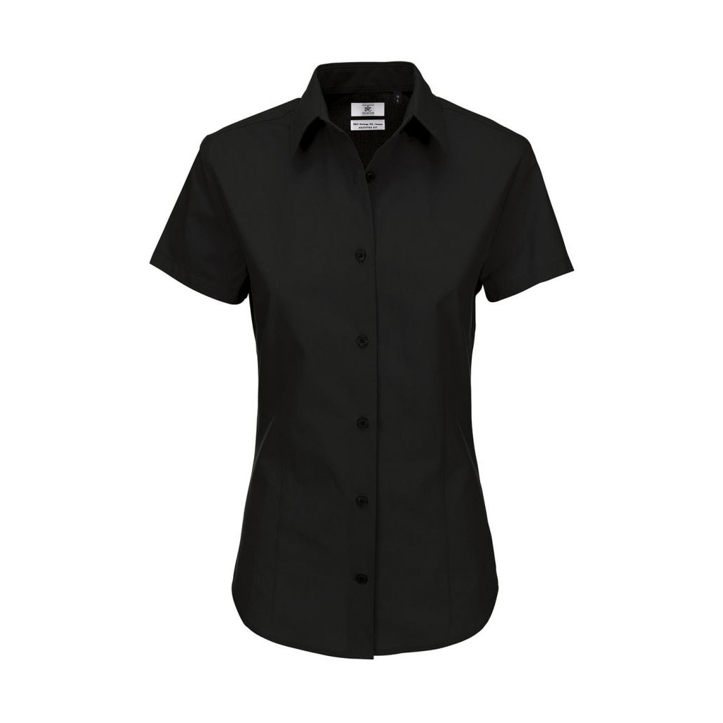 Košile dámská B&C Heritage s krátkým rukávem - černá, 4XL