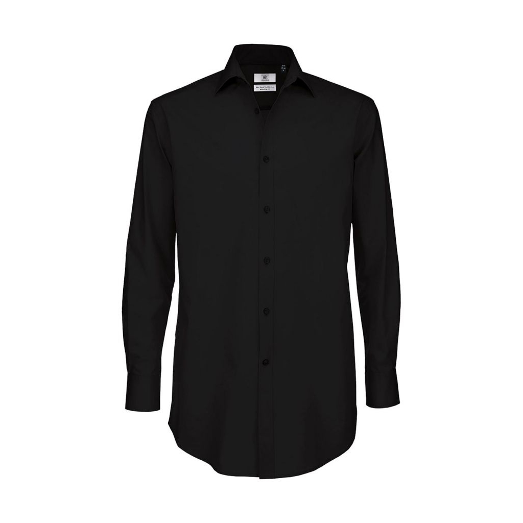 Košile pánská B&C Elastane s dlouhým rukávem - černá, XL