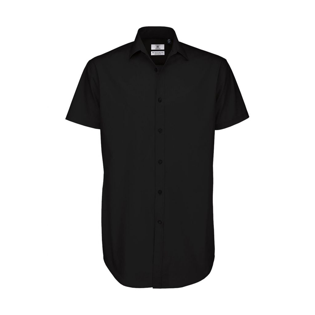 Košile pánská B&C Elastane s krátkým rukávem - černá, S