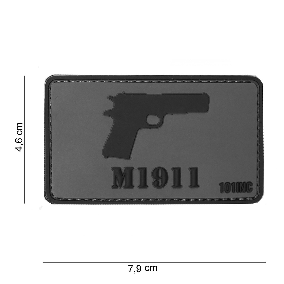 Gumová nášivka 101 Inc zbraň M1911 - šedá