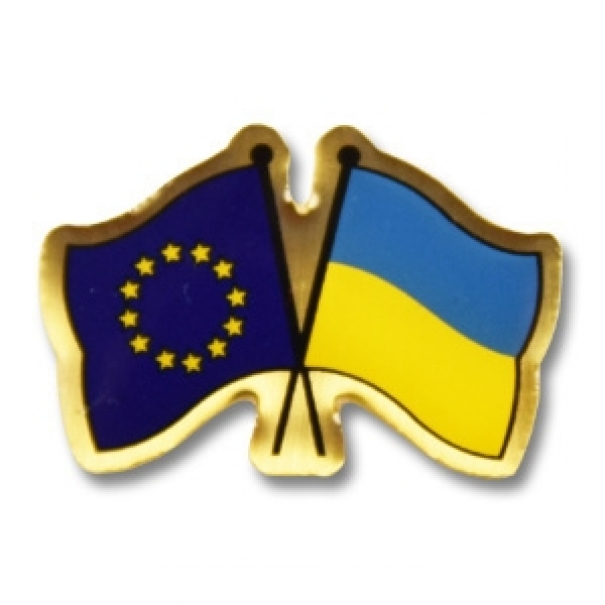 Odznak (pins) tištěný 22mm vlajka EU + Ukrajina - barevný