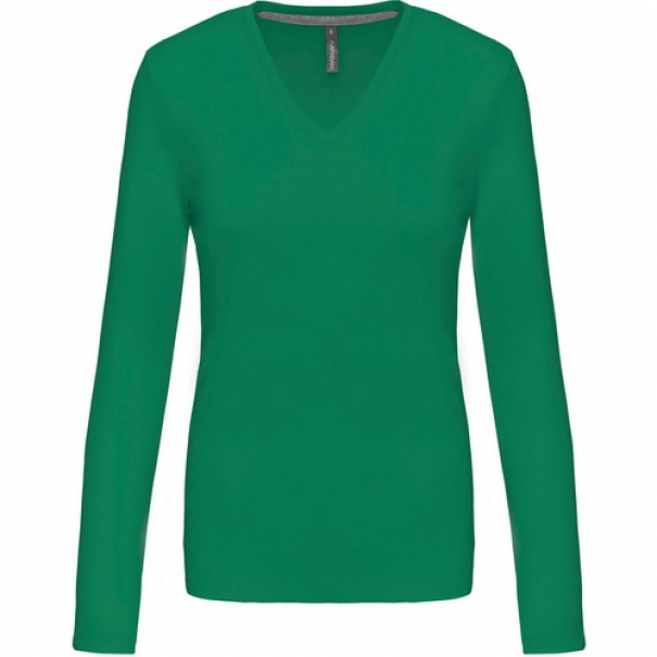 Dámské tričko Kariban dlouhý rukáv V-neck - zelené, XL