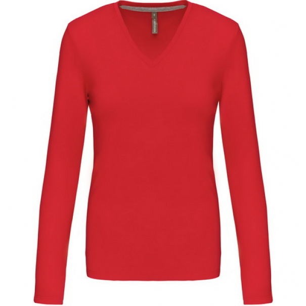 Dámské tričko Kariban dlouhý rukáv V-neck - červené, XL