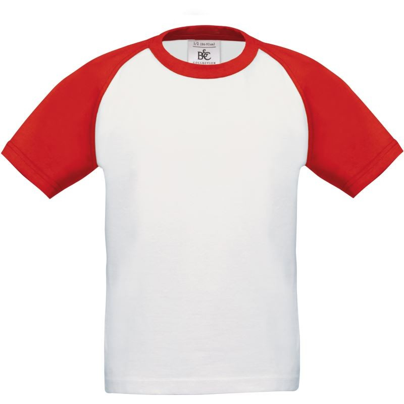 Dětské tričko B&C Base-Ball - bílé-červené, 9-11 let