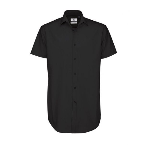 Pánská elastická popelínová košile B&C Black Tie s krátkým rukávem - černá, 4XL
