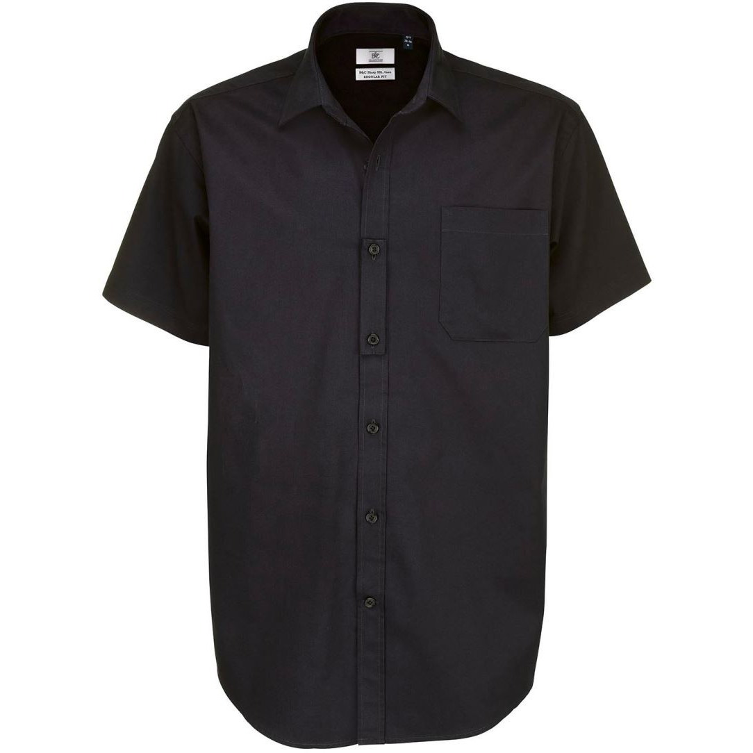 Pánská keprová košile B&C Sharp s krátkým rukávem - černá, 4XL