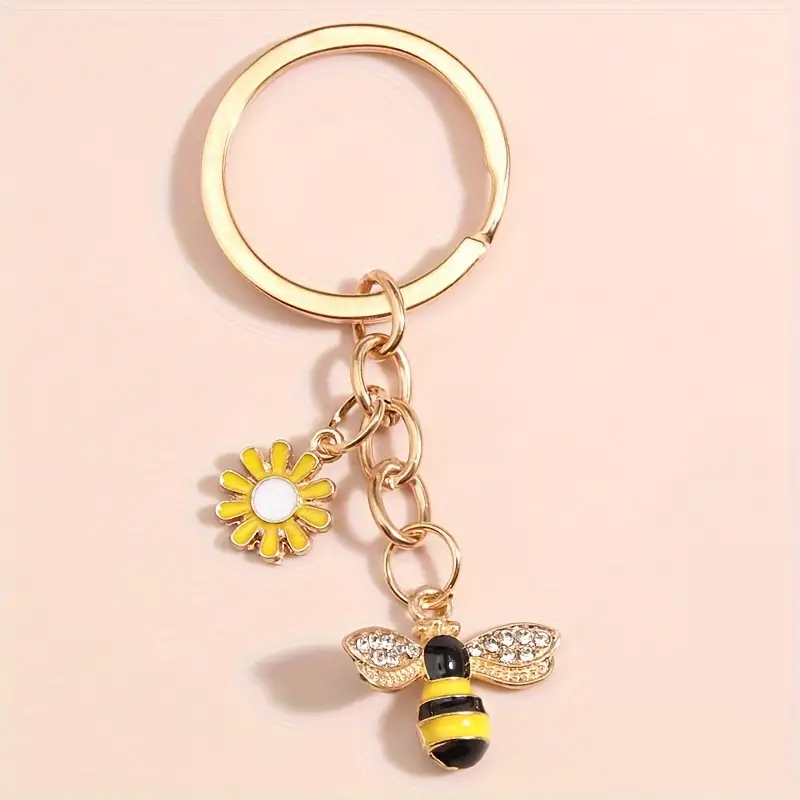 Klíčenka s včelkou a žlutou květinou 7,5 x 3 cm - žlutá-černá