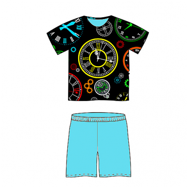 Pyžamo pánské Lonka Koffing krátký rukáv Hodiny - černé-modré, XL
