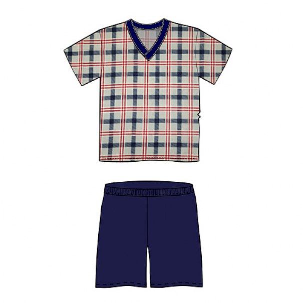 Pyžamo pánské Lonka Kája krátký rukáv Kostky - modré-červené, XL