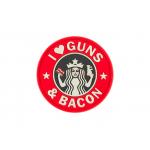 Gumová nášivka Jackets to Go nápis Guns and Bacon - červená