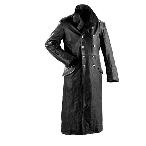 Dlouhý důstojnický kožený kabát - černý (použité)