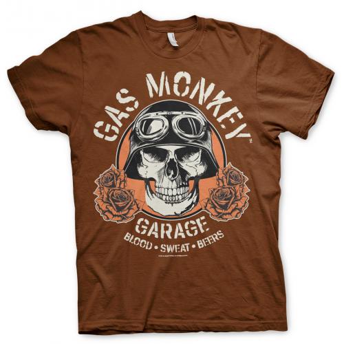Triko Gas Monkey Garage Skull - hnědé