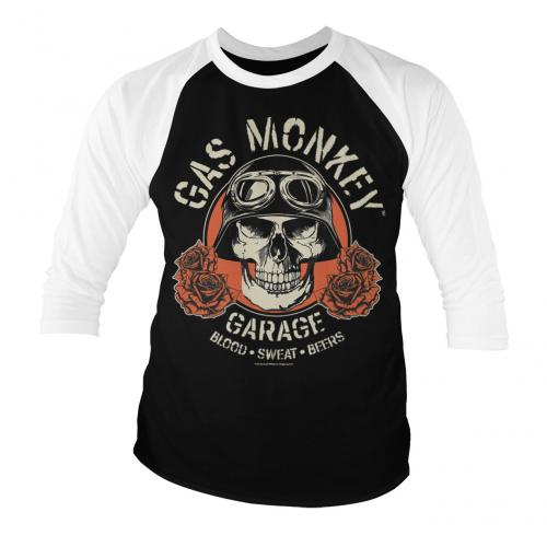 Triko 3/4 Gas Monkey Garage Skull Baseball - bílé-černé