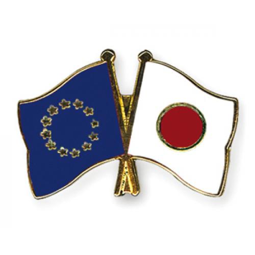 Odznak (pins) 22mm vlajka EÚ + Japonsko - farebný