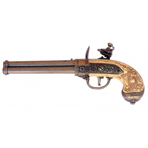 Replika pištole trojhlavňová s kresacím zámkom - hnedá-zlatá