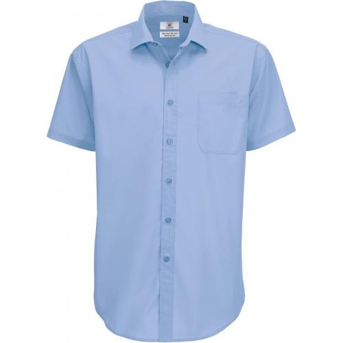 Pánská košile ze smíšeného popelínu B&C Smart s krátkým rukávem - modrá