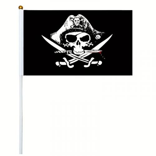 Vlajka pirátská Kostra a klobouk 14 x 21 cm na plastové tyčce